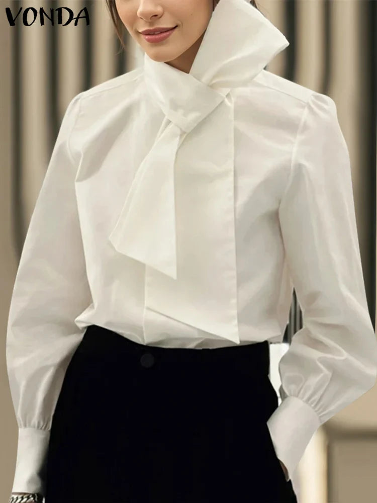 Plus Size 5XL VONDA Elegant Blouses Women Tops Streetwear Solid Color Casual Bow Collar Blusas 2024 Female Long Sleeve Shirts