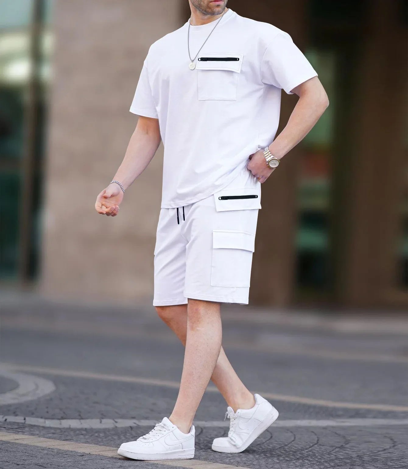 Summer 2025 Men's Short Sleeve Multi-Pocket Utility T-Shirt Shorts Casual Set for Western Europe and America