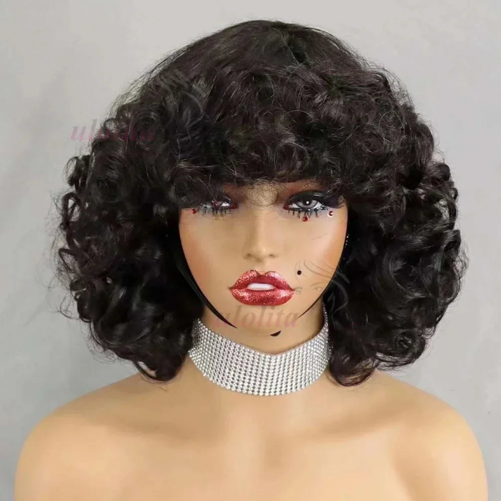 99J burgundy Fumi Curly Bob Wig Bouncy Pixie Cut Wig Highlight Full Machine Egg Curls Curly Human Hair Wigs for Women With Bangs