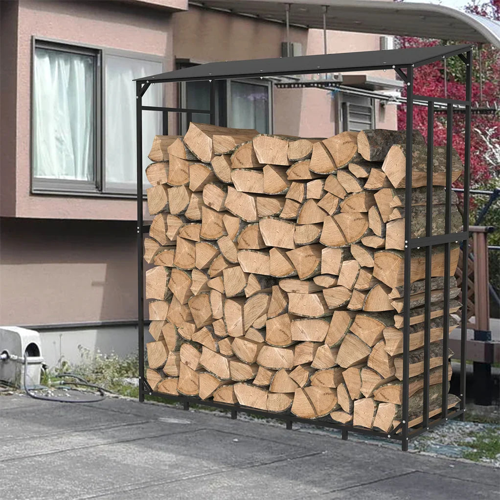 70" Outdoor Metal Log Store Stack Holder Wood Firewood Rack Garden Storage Shed with Waterproof Roof
