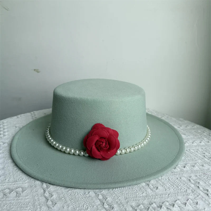 Women's Fashionable Fedora Hat 10CM Wide Brim Flat Top Felt Hats For Wedding And Jazz