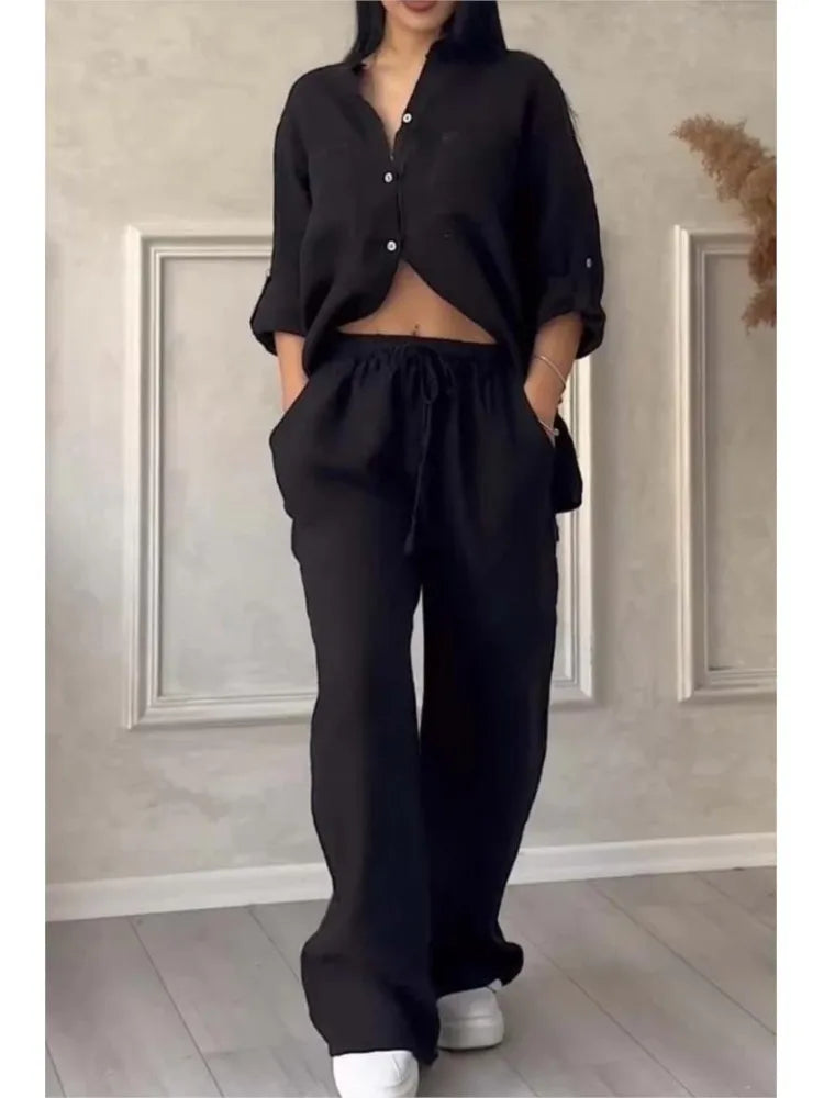 Women's Fashion Set Casual Long Sleeve Pocket Shirts + Loose Wide Leg Pants 2 Piece Set For Women Spring Autumn Women Clothes