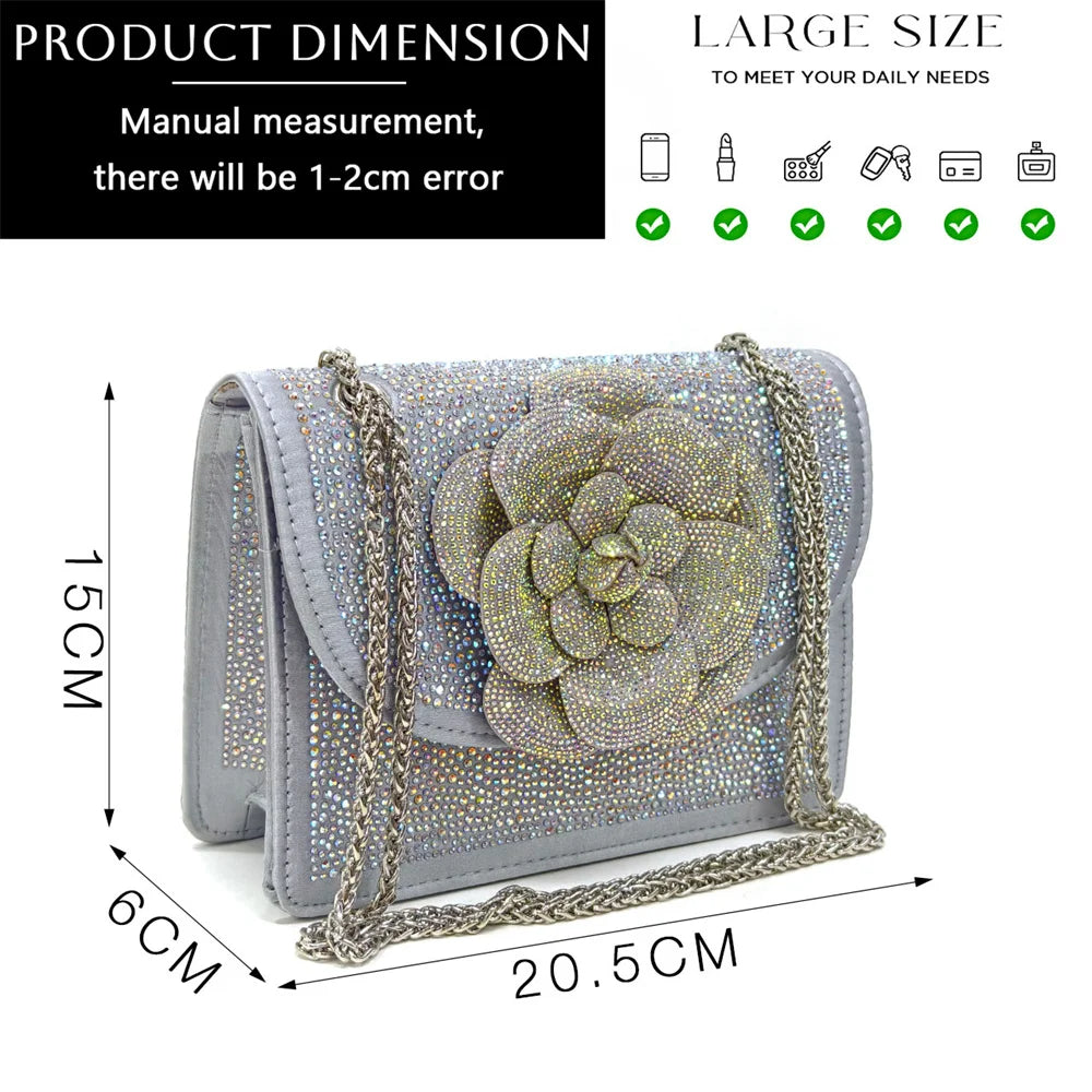 Women's Pointed-Toe Large Flower Decoration Rhinestone Low Heel Italian Shoes and Bags Set