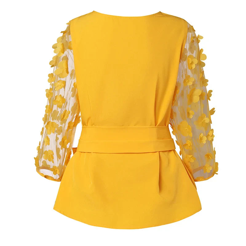Plus Size 5XL VONDA Women Mesh Blouses 2024 Summer Bohemian Patchwork Tops Belted Blusas Casual Flowers Loose Shirt Oversize