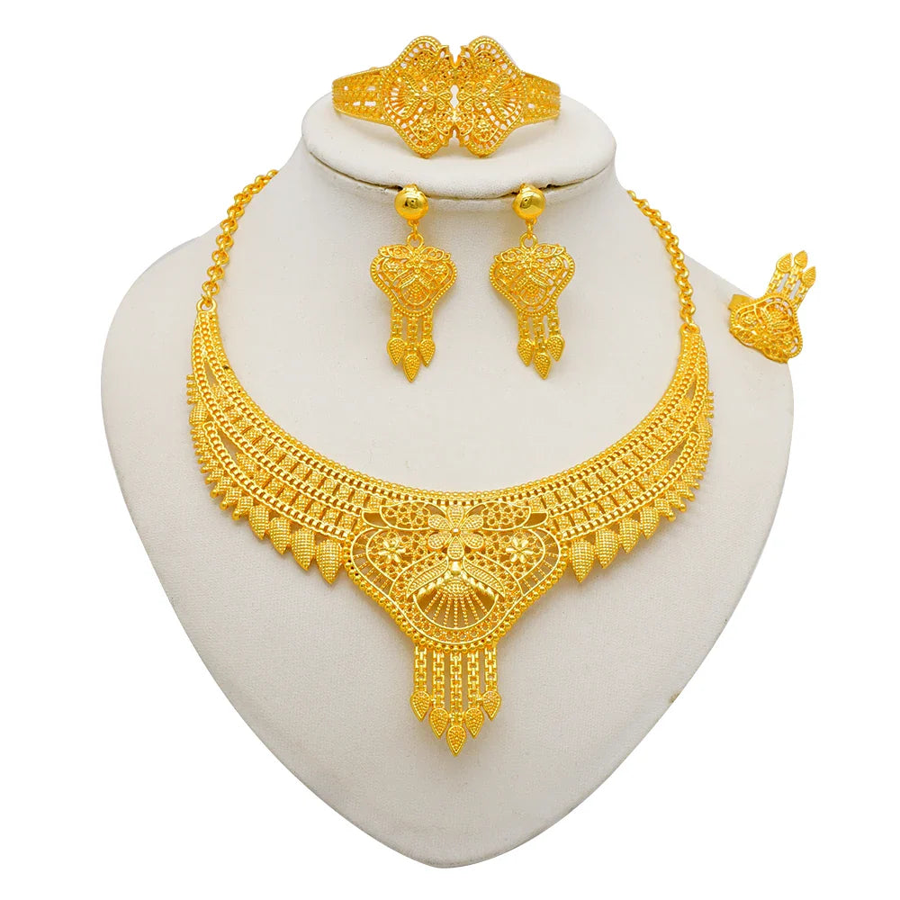Indian Dubai Gold Color Jewelry Sets For Women Earring & Necklace Nigeria Moroccan Bridal Wedding Party Gifts
