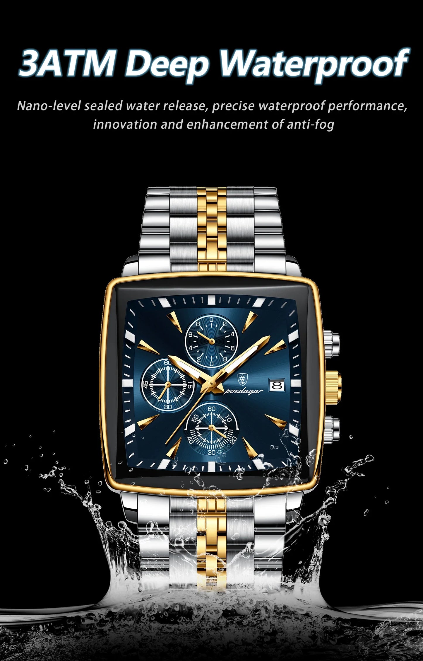 Fashion Men Watch Luminous Waterproof Chronograph Date Man Wristwatch Square Stainless Steel Quartz Men's Watches Reloj
