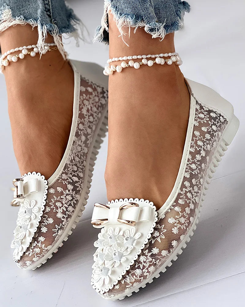 Summer Breathable Solid Color Vulcanized Shoes Floral Embroidery Bowknot Loafers Women Non-slip Flower Sneakers Chaussure Femmes