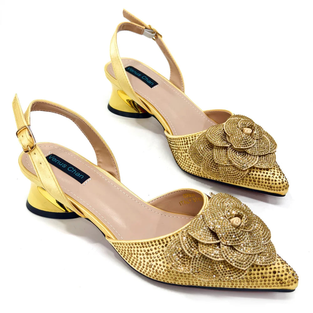 Women's Pointed-Toe Large Flower Decoration Rhinestone Low Heel Italian Shoes and Bags Set