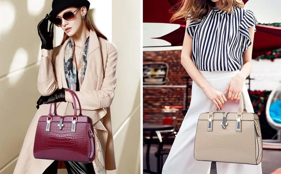 Luxury Brand Crocodile Women Tote Bag Bright Leather Women Handbag Purse Shoulder Bag Female Top-handle Bags Commuting Shopping