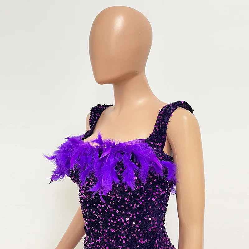 Spring And Summer Women's Clothing MINI Short Solid Color New Wind Sequins Halter Beach Dress One-word Shoulder Feathers Spice G