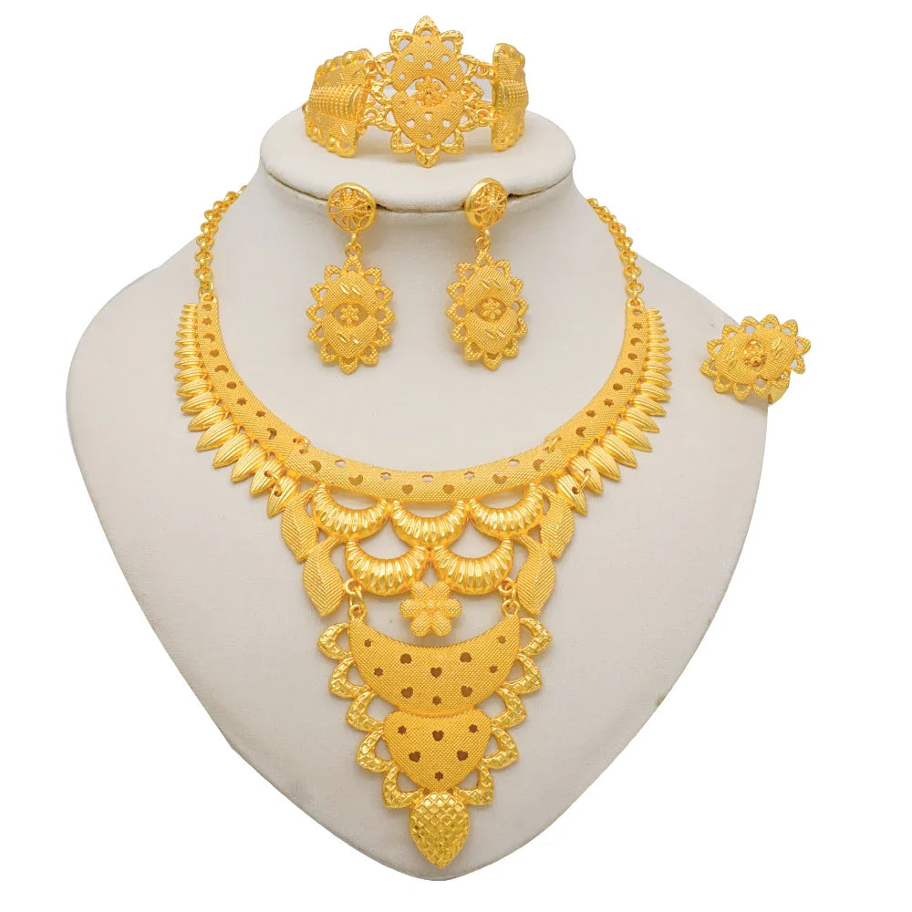 Indian Dubai Gold Color Jewelry Sets For Women Earring & Necklace Nigeria Moroccan Bridal Wedding Party Gifts