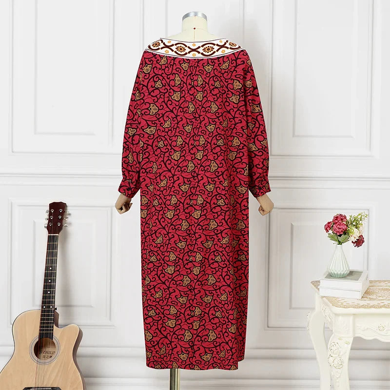 Women's Bohemian Printing Maxi Dress Long Bat-wing Sleeve Elegant Casual Round Neck