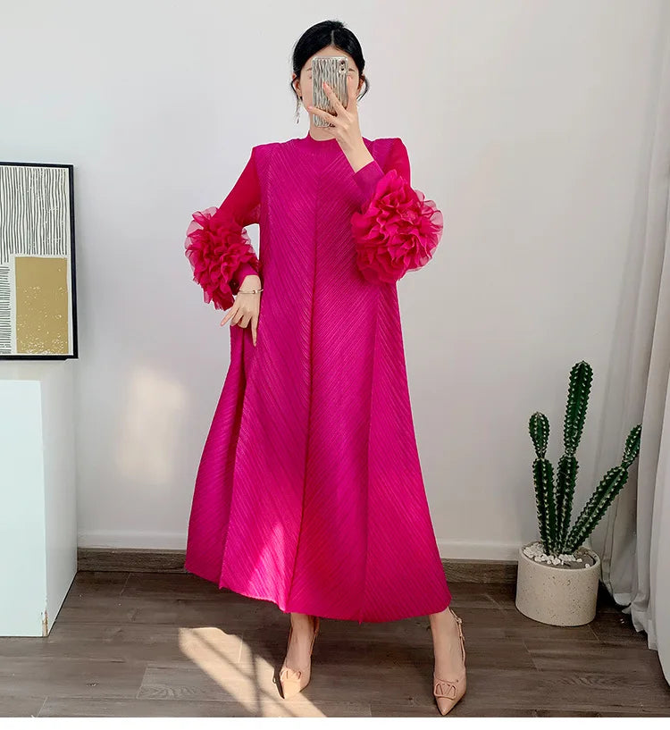 Pleated Maxi Long Dress Mesh Petal Sleeve Half Turtleneck Formal Dresses for Women 2024 New Hot Sales