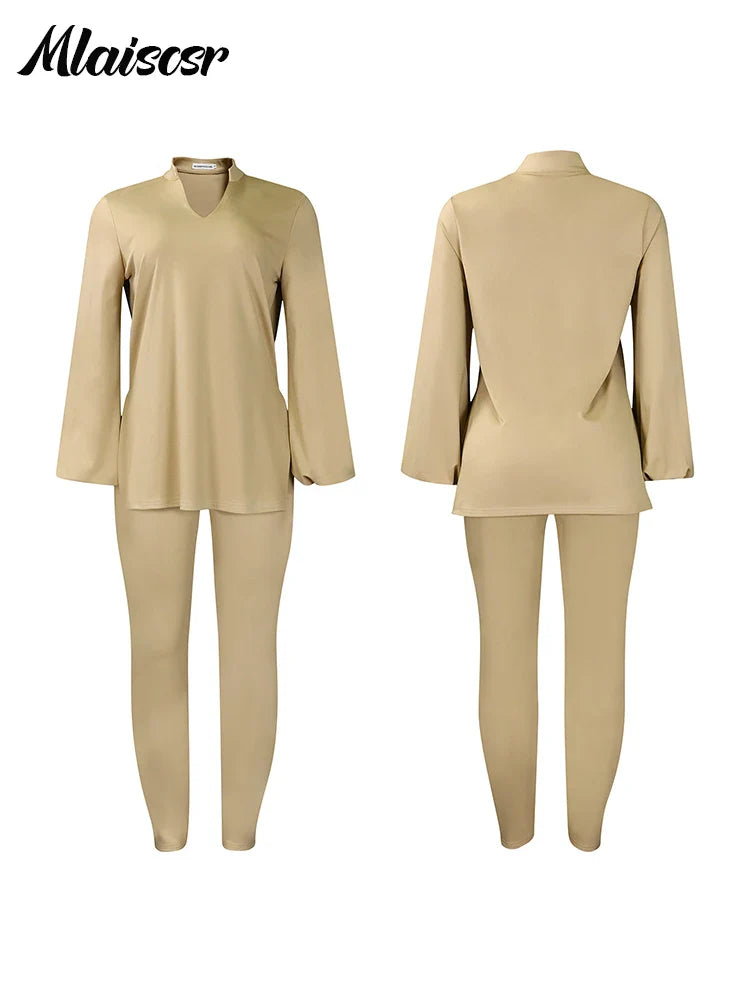 Mlaiscsr Causal Solid 2 Piece Set Women V Neck Loose Fit Tops and Legging Jogger Pants Suit Stretwear Birthday Tracksuits Outfit