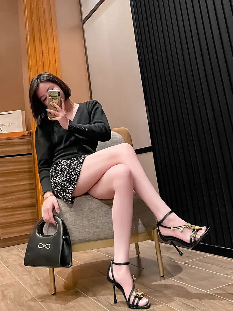 Black High Heel Sandal sGold Flower Metal Strap Design Fashion Hot Selling