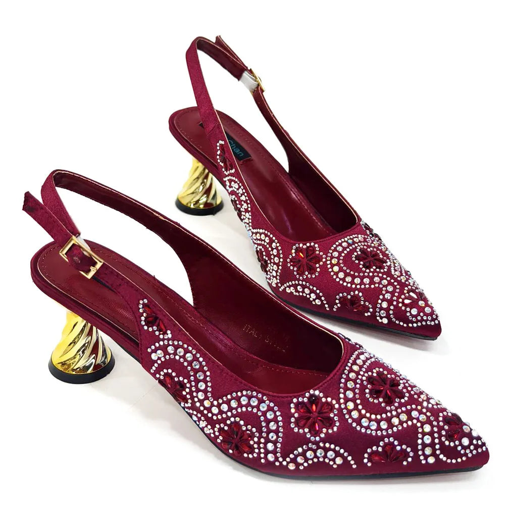 Elegant And Sexy Fuchsia Color High Heels Shoes And Bag With Rhinestone Embellished Toe Is Comfortable Women's Shoes For Party