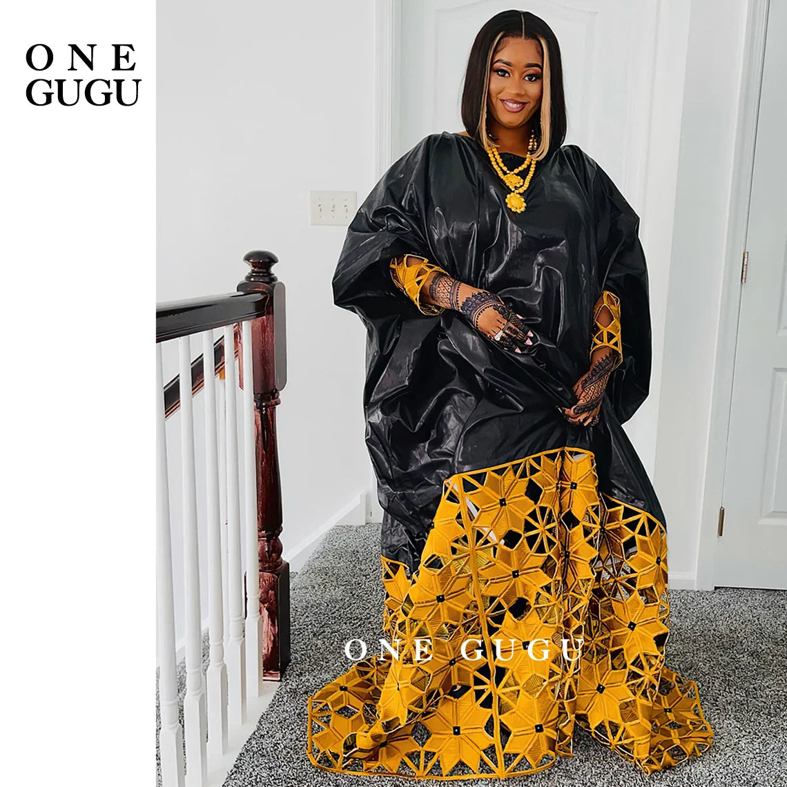 Gold and White African Bazin Rich Dress Robe For Noble Lady Wedding Party Gown White Nigerian Dashiki Robe Long Sleeves Dresses