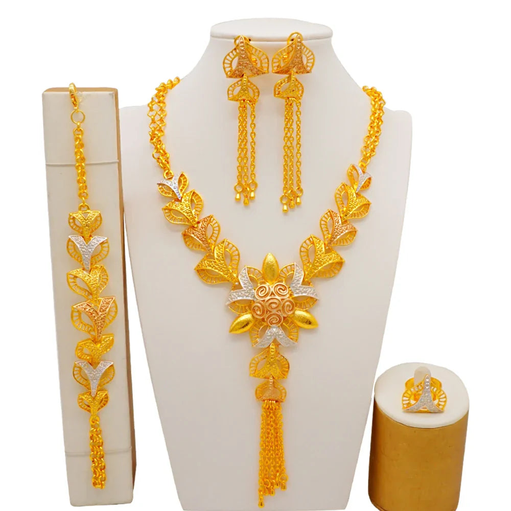 Dubai Gold Color Jewelry Set For Woman Bridal Nigerian African Long Chain Necklace Earrings Bracelet Ring Jewellery Set