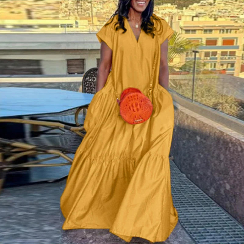 Plus Size Women Bohemian Dress Summer Sundress Solid Color Casual Short Sleeve Party