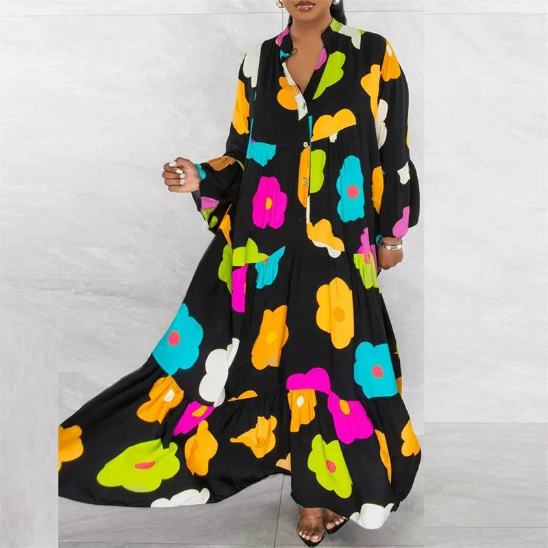 Floral Print Long Sleeve Shirt Dress for Women Spring Autumn Button-up Straight Loose Oversized Casual Long Dresses Vestidos