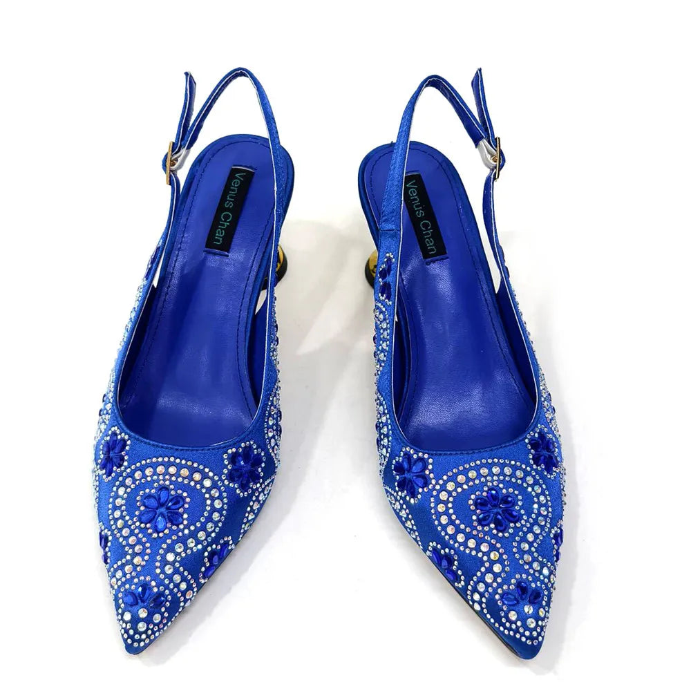 Elegant And Sexy Fuchsia Color High Heels Shoes And Bag With Rhinestone Embellished Toe Is Comfortable Women's Shoes For Party