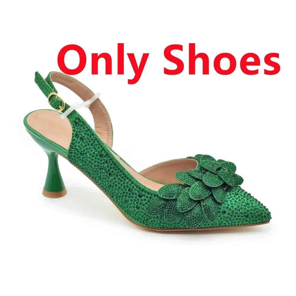Luxury Italian Shoes and Bag Set for Women Wedding Pointed Toe Women's Pumps High Heel Rhinestones Party Ladies Shoe and Bag Set
