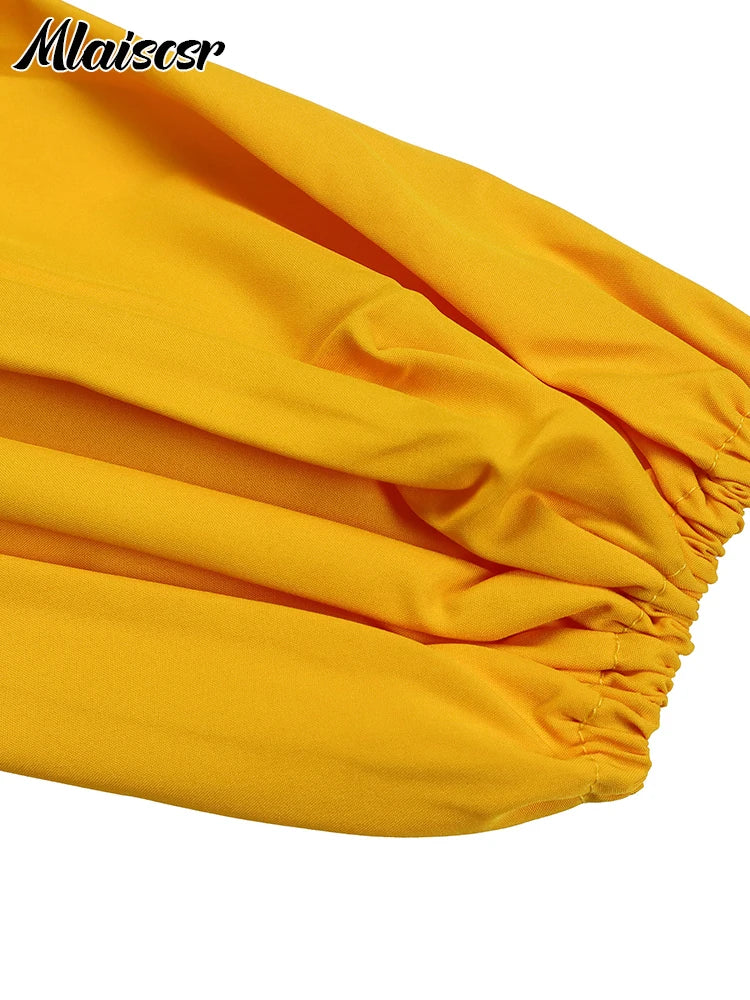 Mlaiscsr Elegant Evening Wedding Guest Party Yellow Pleated Dress Woman O Neck Long Sleeve Belt Waisted Birthday Dinner Vestidos