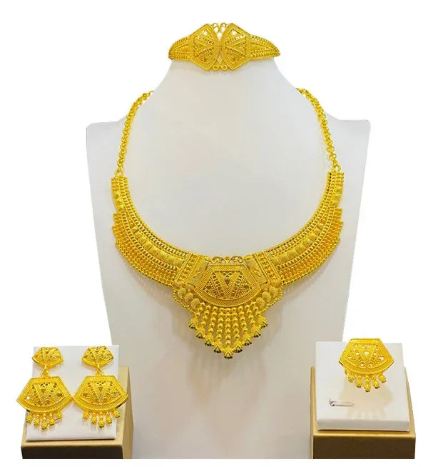 Fashion Dubai Flower Design Luxury 24k Gold Color Women's Jewelry Set African Fashion Bracelet Earrings Necklace Ring Four Piece