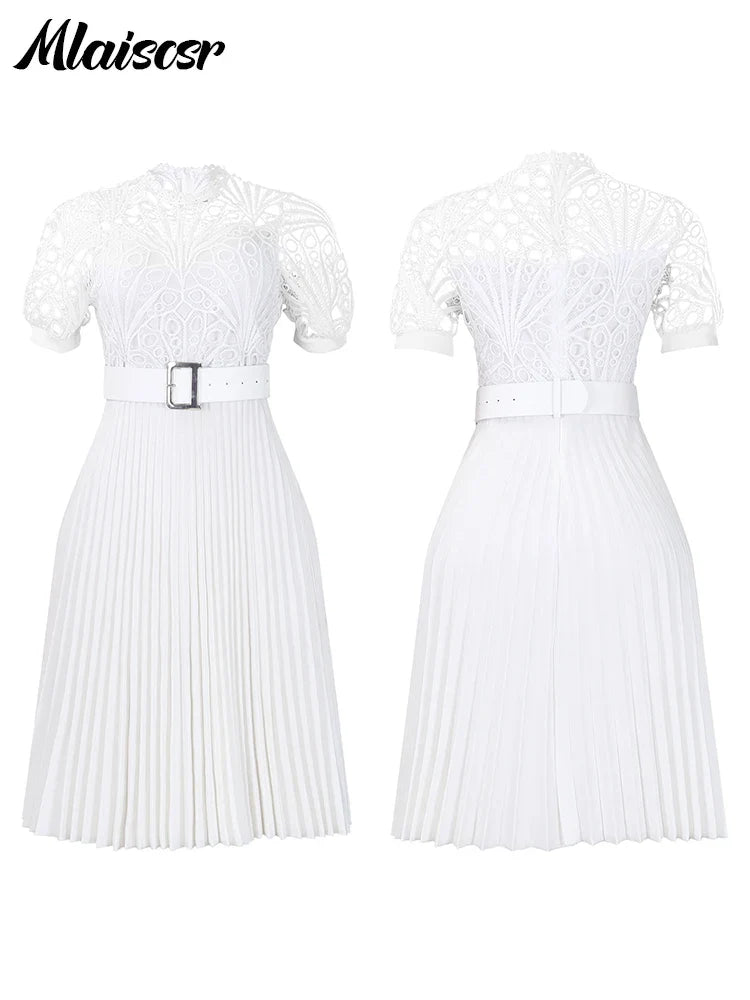 Mlaiscsr Elegant Luxury Wedding Guest Pleated Dresses with Belt Women O Neck Lace Patchwork Short Sleeve Birthday Party Robe New
