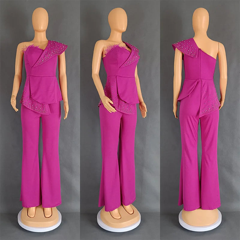 CM.YAYA Vintage Pearl Feather Sleeveless Patchwork Women Party Evening Prom Straight Jumpsuits 2024 Summer Sexy Playsuit Outfit