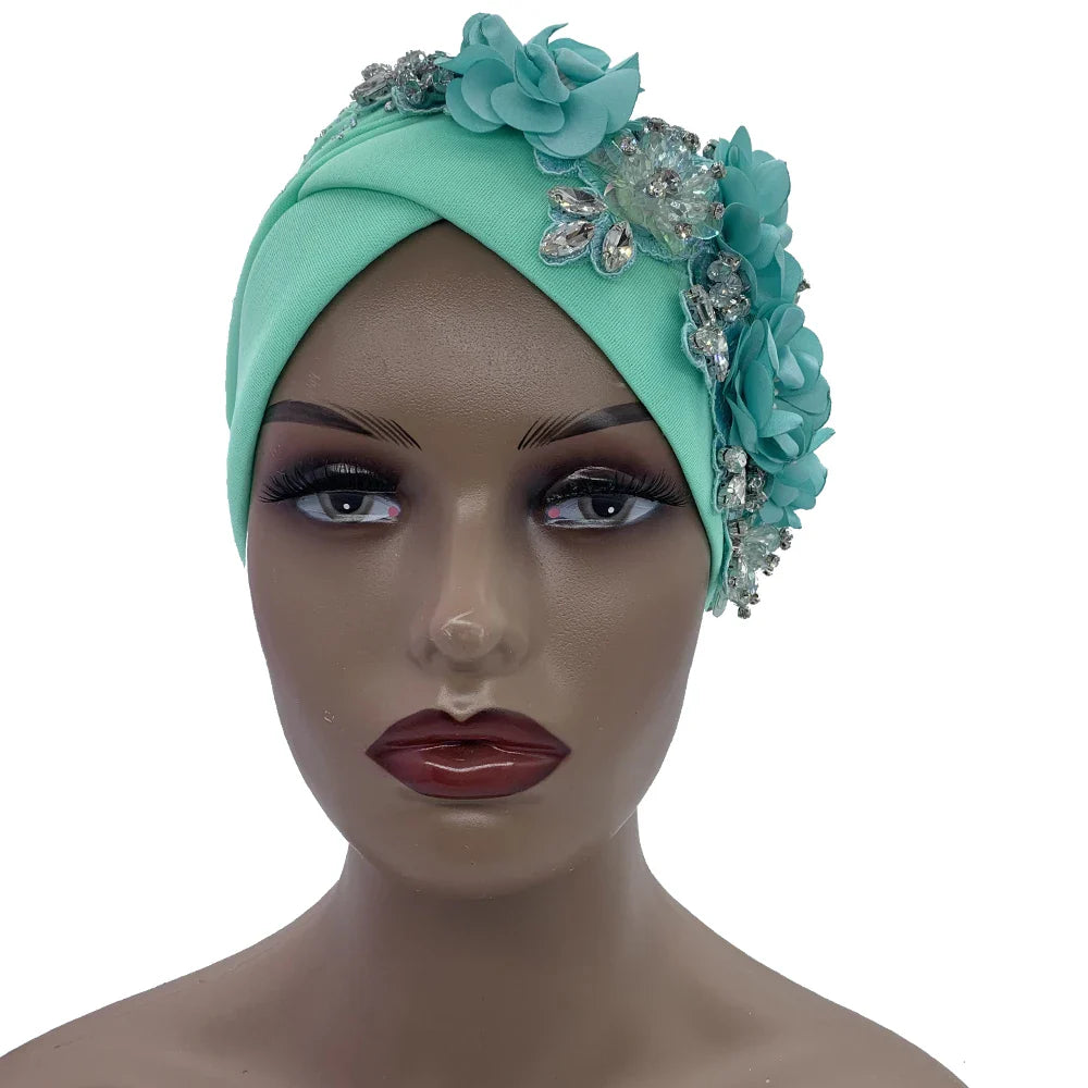 Elegant African Turban Cap with Shiny Rhinestone Ready to Wear Nigeria Auto Gele Headtie Party Women's Head Wrap Bonnet Turbante