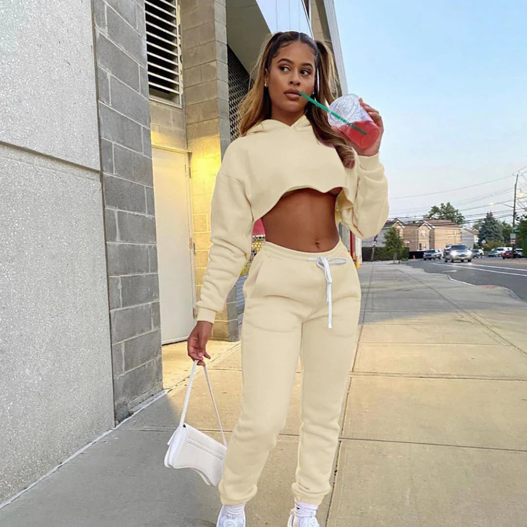 Women's Fitness Running Sets Fleece Long Sleeve Cropped Hoodies+Jogger Tracksuit