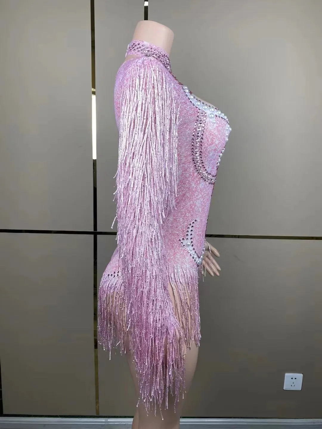 Stage Latin dance cha-cha dance practice suit stretch slim skirt fringe flash small diamond pearl design suit