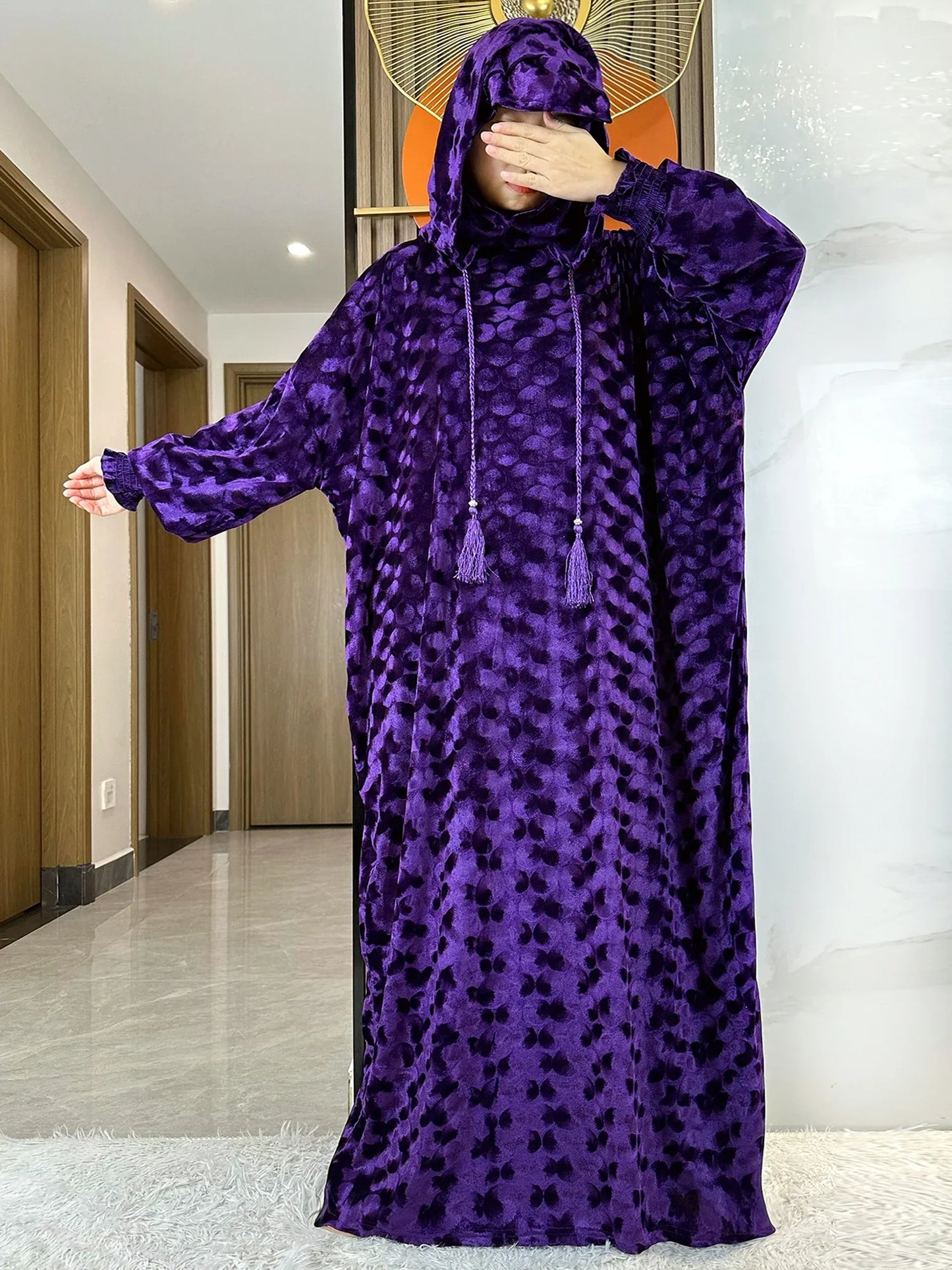 High Quality Velvet Fabric 2025 Ramadan Muslim Lady's Abaya Two-Hats Dubai Turkey Style Islamic Prayer Clothing Kaftan Dress
