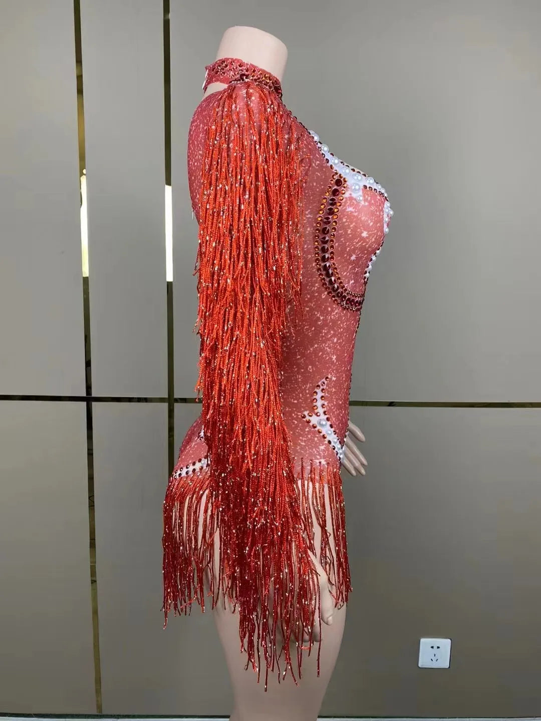 Stage Latin dance cha-cha dance practice suit stretch slim skirt fringe flash small diamond pearl design suit