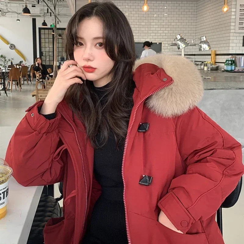 Women's Large Fur Collar Hooded Warm Thick Padded Parka Jacket