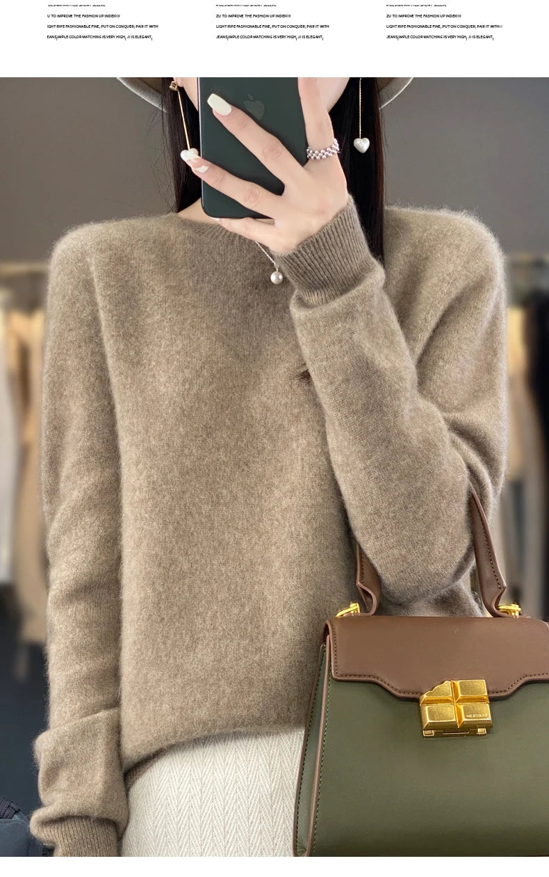 100% Merino Wool Women’s Sweater – Soft Cashmere-Feel O-Neck Pullover, Autumn/Winter Warm Knit Top (14 Colours)