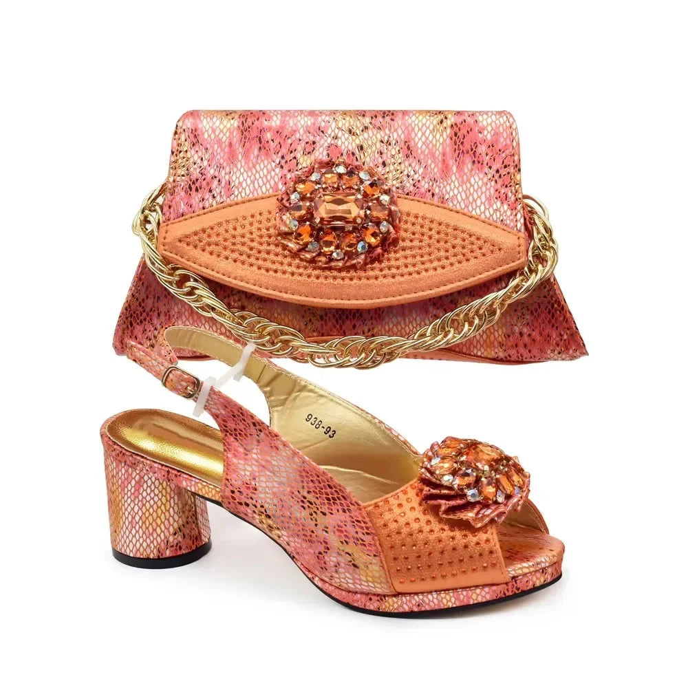 Italian Shoes and Bags Matching Set Decorated with Rhinestone