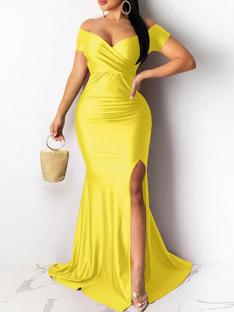 New In Dresses V-neck Dress High Slit Solid Color Elegant Long Maxi Dresses Wedding Bridesmaid Club Party Dresses Female