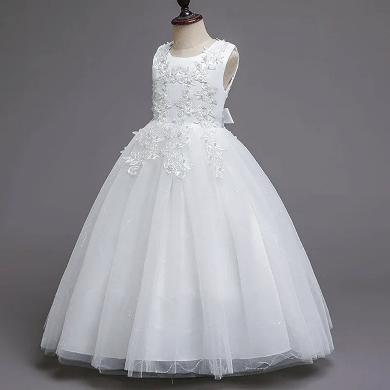 Girls White Lace Pearl Flower Princess Dress For Sequins Sleeveless First Communion Bridesmaid Wedding Formal Evening Long Gown