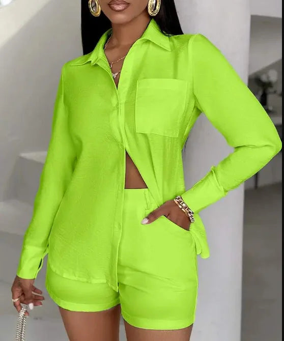Female Fashion Short Pants Sets Shirt Tops Turn Down Collar Long Sleeve High Waist Pants 2 Piece Outfits For Women Summer New