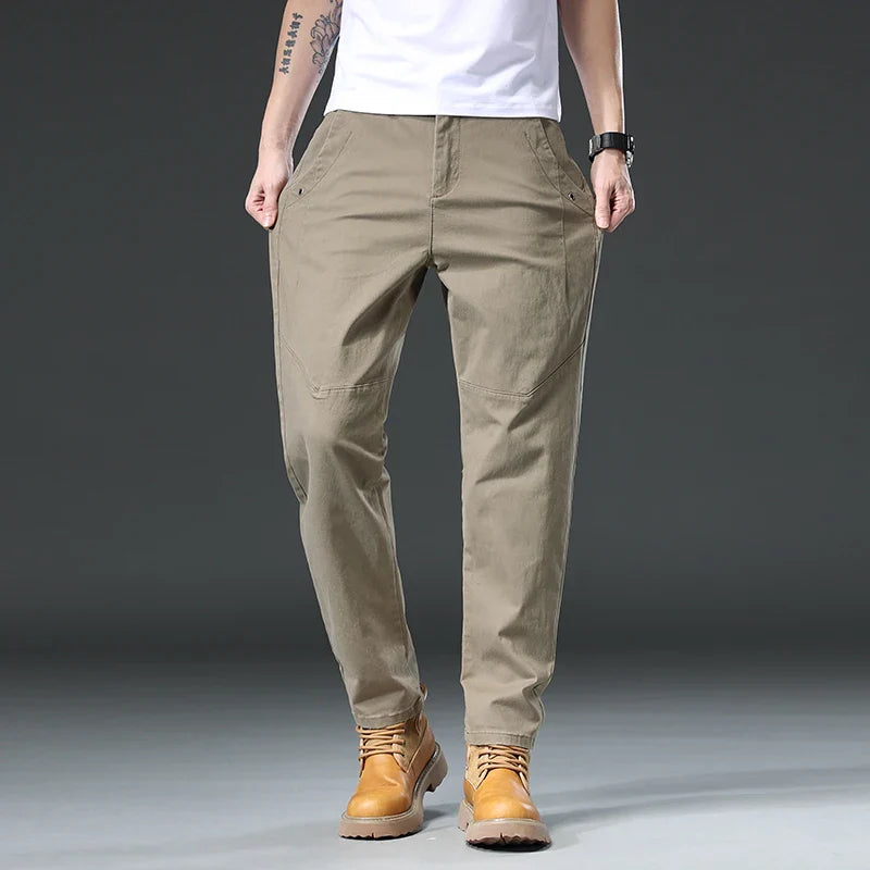 Cotton Cargo Trousers Men Outdoor Fit Straight Solid Color Sweatpants Man