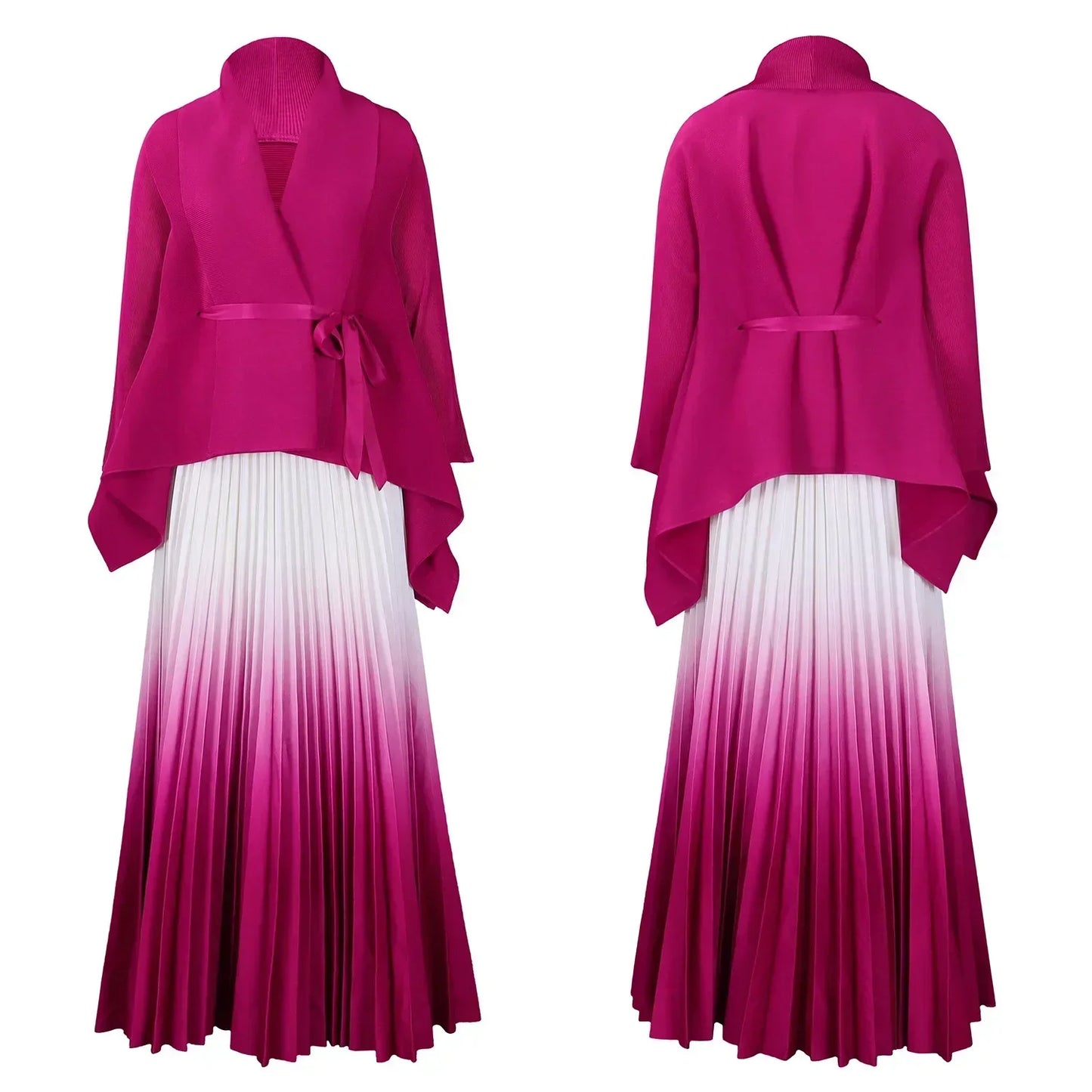 CM.YAYA Gradient Women's Set Full Sleeve Belt Blouse Shirt and Pleated Long Skirts Suit Street Two 2 Piece Set Outfit Tracksuit