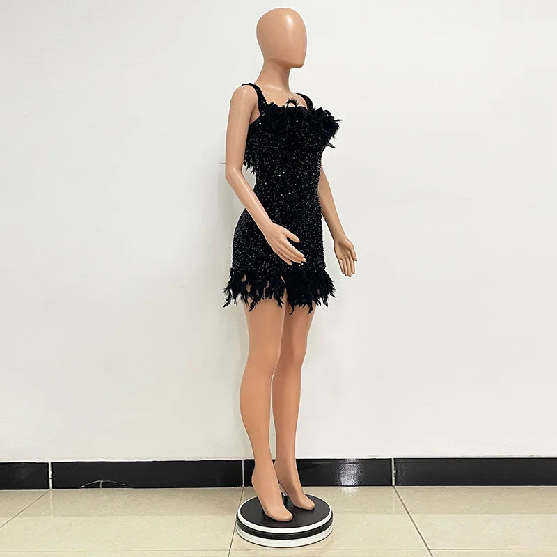 Spring And Summer Women's Clothing MINI Short Solid Color New Wind Sequins Halter Beach Dress One-word Shoulder Feathers Spice G