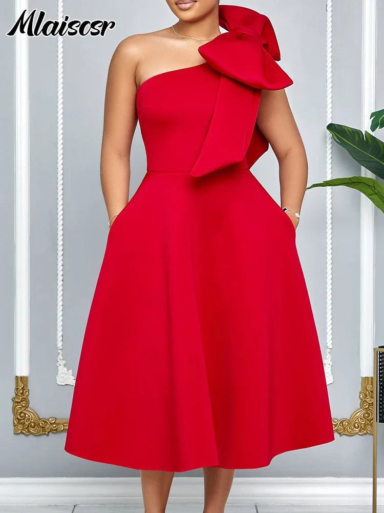 Mlaiscsr Woman One Shoulder Bow High Waisted Birthday Party Wedding Elegant A Line Pleated White Mid Dresses with Belt Outfits