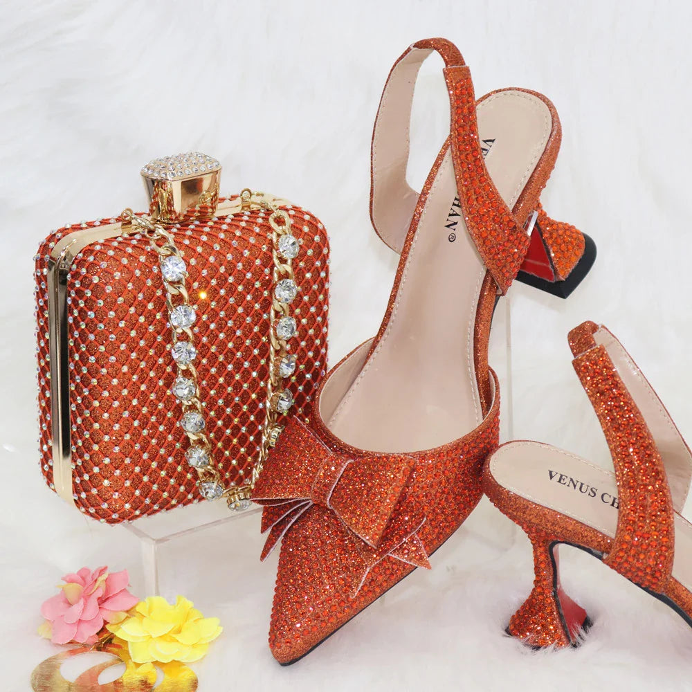 Women's Elegant Embellished Shoes and Bag Set Pointed Toe Pumps for Wedding Party