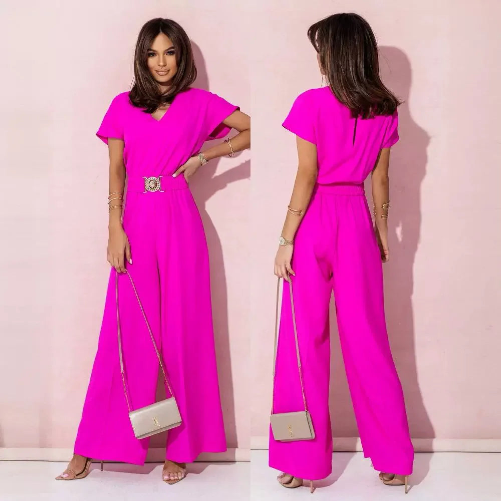 Fashion V-neck Short Sleeve High Waist Jumpsuit Women 2024 Summer Solid Wide Leg Elegant Romper Vintage Jumpsuits Overalls Women