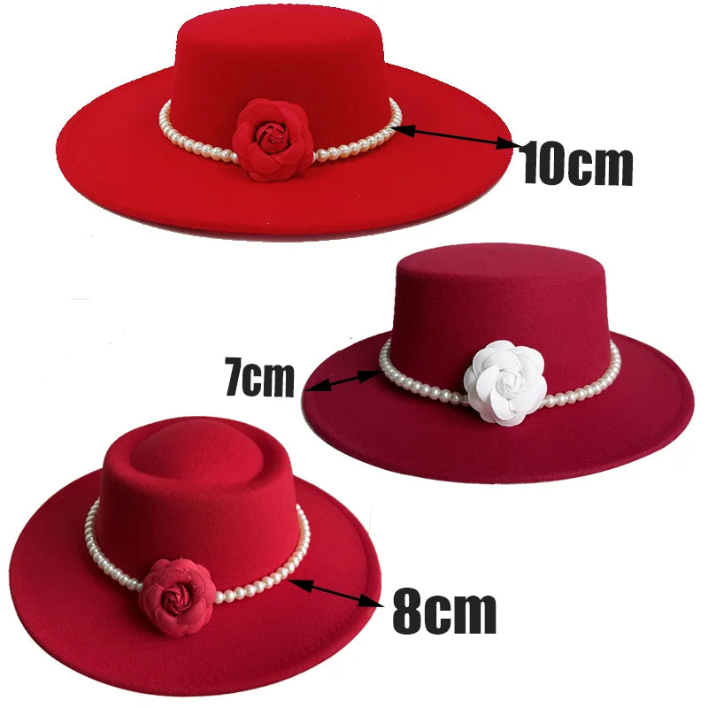 Women's Fashionable Fedora Hat 10CM Wide Brim Flat Top Felt Hats For Wedding And Jazz