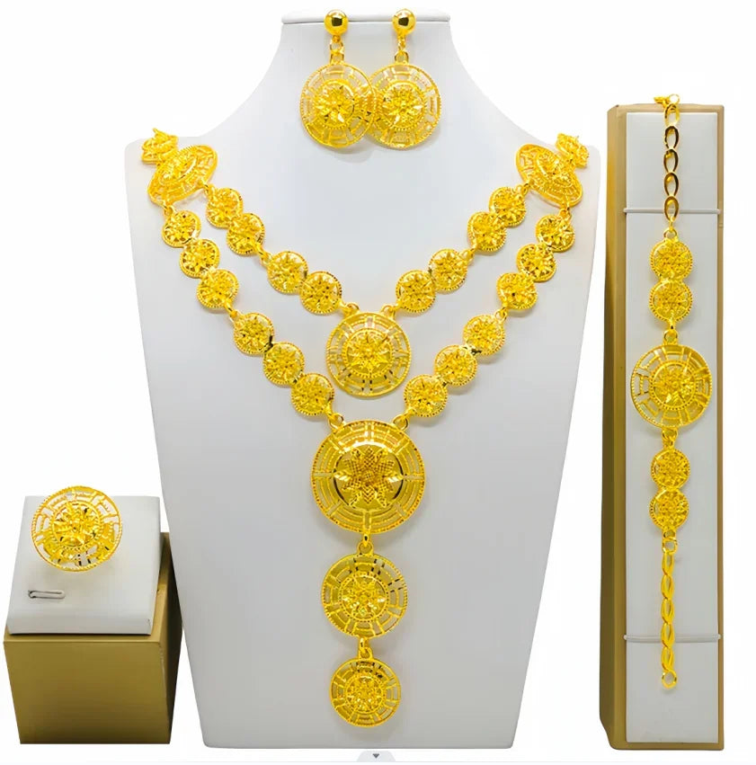 Fashion Dubai Flower Design Luxury 24k Gold Color Women's Jewelry Set African Fashion Bracelet Earrings Necklace Ring Four Piece