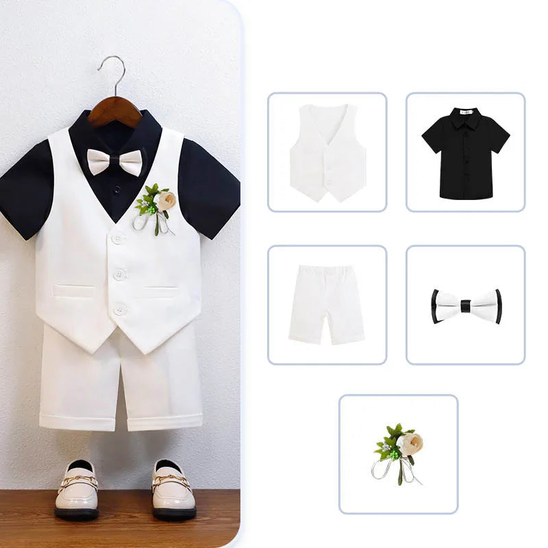 Children Green White Baptism Photography Suit Kids Vest Shirt Shorts Bowtie Ceremony Costume Boys Breathable Wedding Dress
